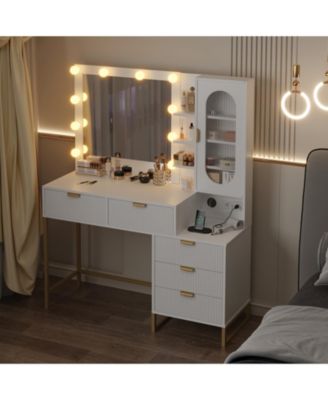 Vanity Makeup Desk with Vanity Mirror, Built-in Lights, 5 Drawers