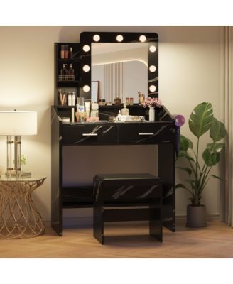 Vanity Desk with Mirror and Lights, Makeup Vanity with Power Outlet & Cushioned Stool