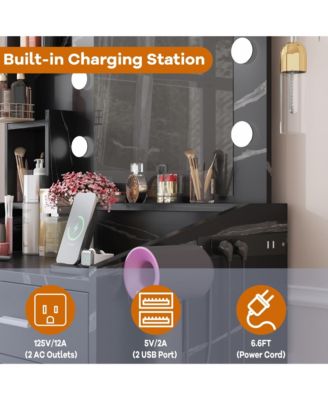 Vanity Desk with Mirror and Lights, Makeup Vanity with Power Outlet & Cushioned Stool