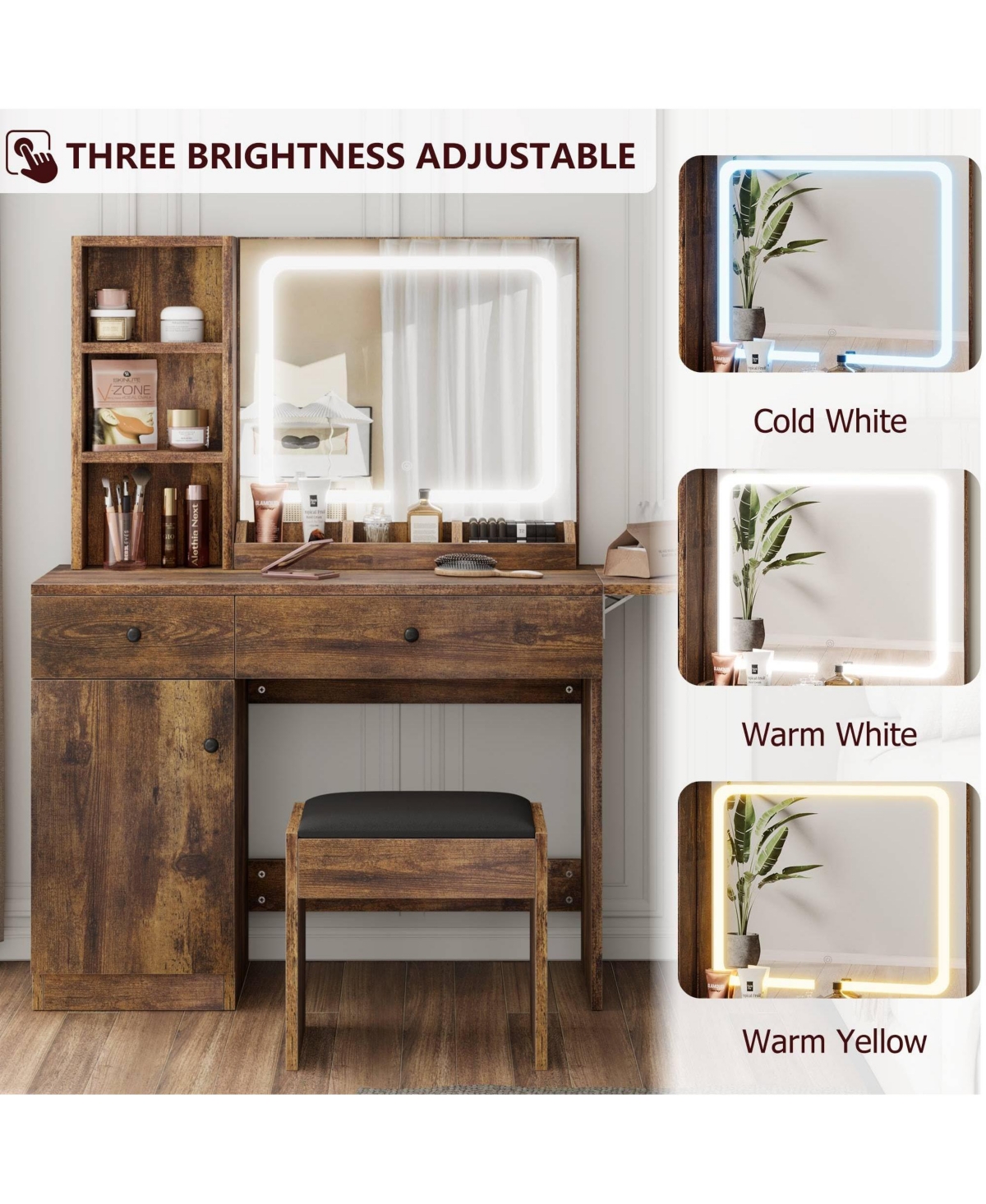 gaomon Vanity Desk with Led Lighted Mirror & Power Outlet