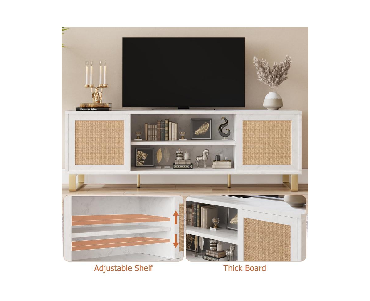 gaomon Rattan Tv Stand for 65 inch, Modern Entertainment Center with Marble Color Design, Tv Console Table with Storage, Doors and Shelves, Media Tv C
