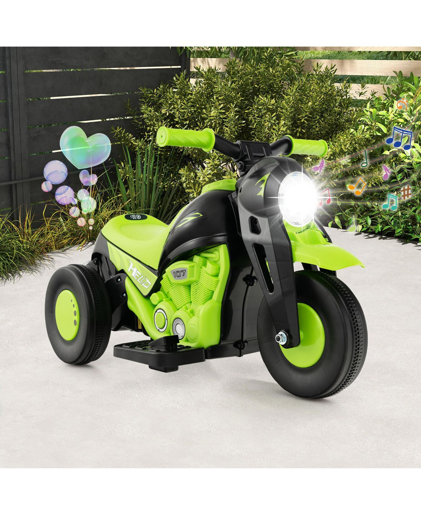Детская игрушка Gymax 6V Kids Bubble Car Electric Ride-On Motorcycle with LED Headlight & Music, 66 lbs Capacity, Ages 3-7, цвет: Зелёный — фото 5