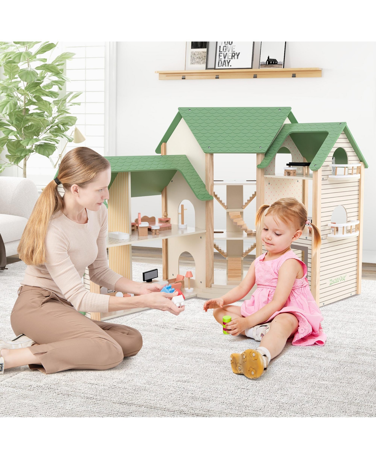 Gymax Wooden Corner Dollhouse Playset with 36 Pieces of Furniture and Accessories - Green+natural