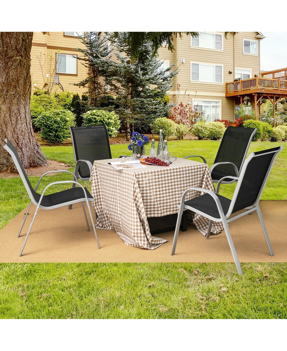 Gymax 4PCS Patio Stacking Dining Chairs w/ Curved Armrests & Breathable Seat Fabric - Black+silver