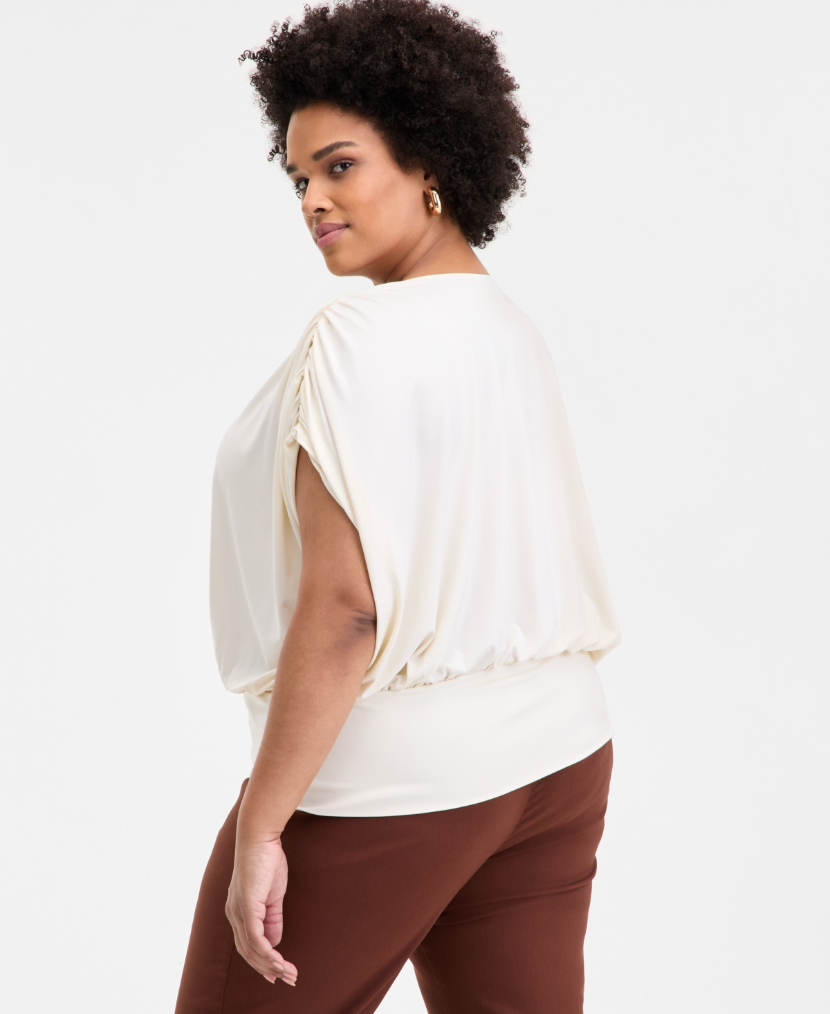 Inc International Concepts Inc Plus Size Printed Ruched Surplice-neck Top, Exclusively At Macy's In Vintage Cream
