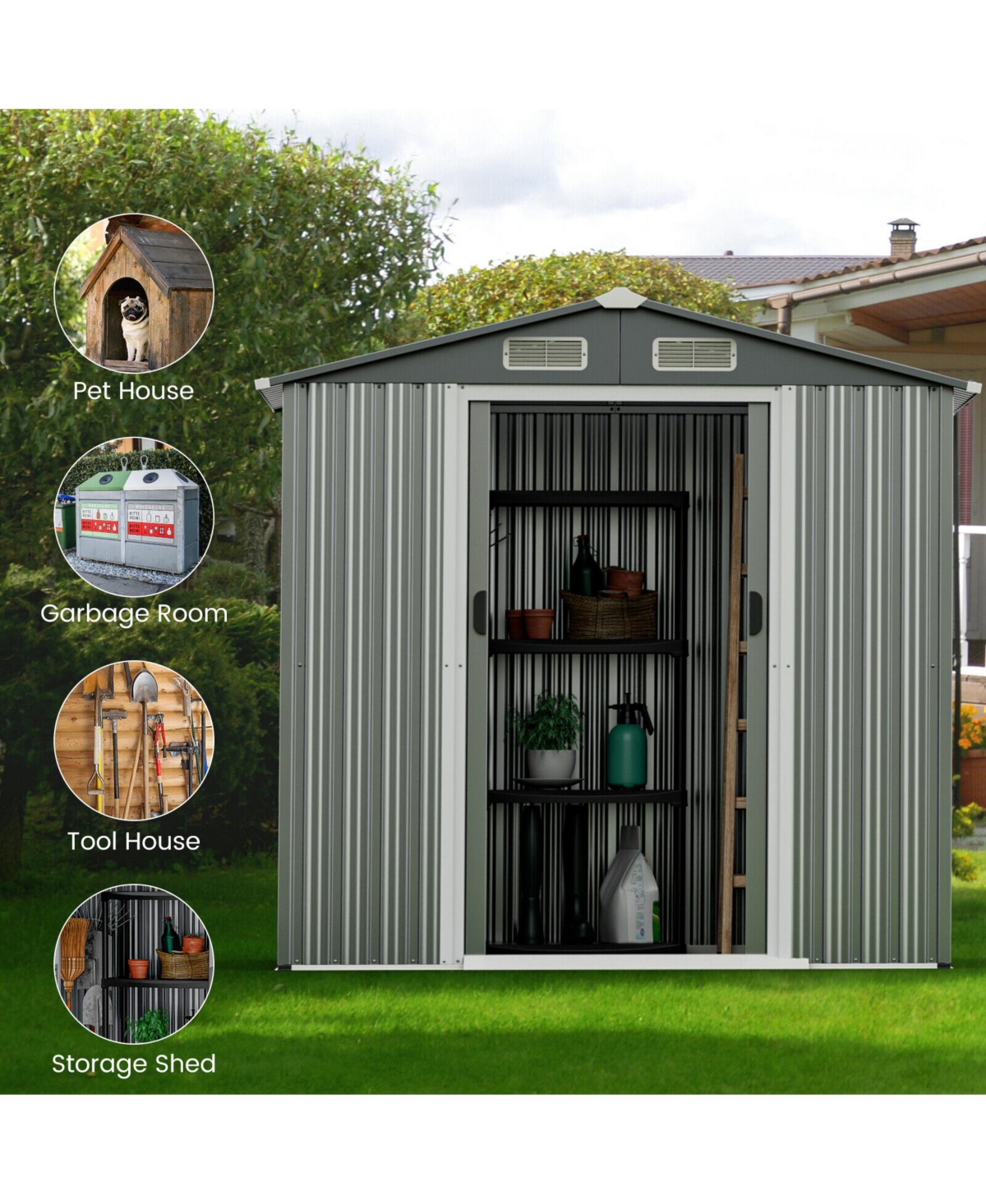 Gouun 6 x 4 Feet Galvanized Steel Storage Shed with Lockable Sliding Doors