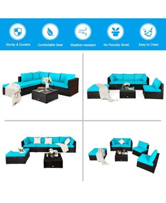 6 Pieces Outdoor Patio Rattan Furniture Set Sofa Ottoman