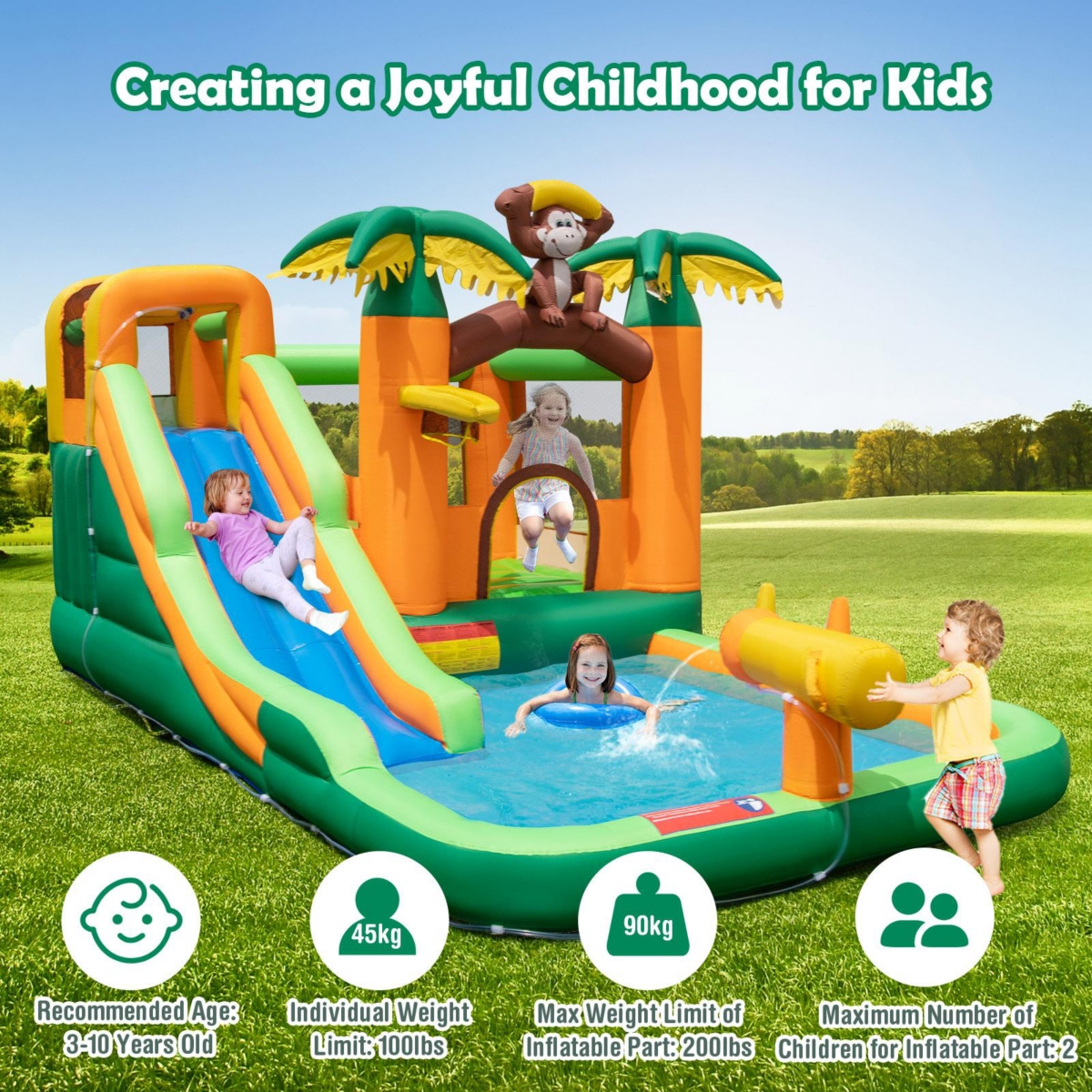 Gouun Monkey-Themed Inflatable Water Slide with Jumping Area and Pool with 680W Blower