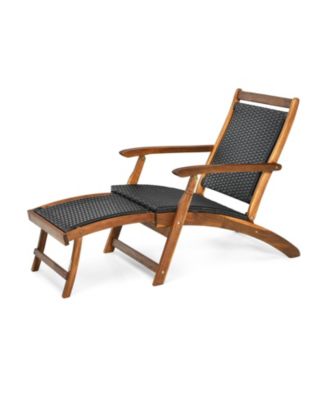 Patio Rattan Folding Lounge Chair with Acacia Wooden Frame Retractable Footrest