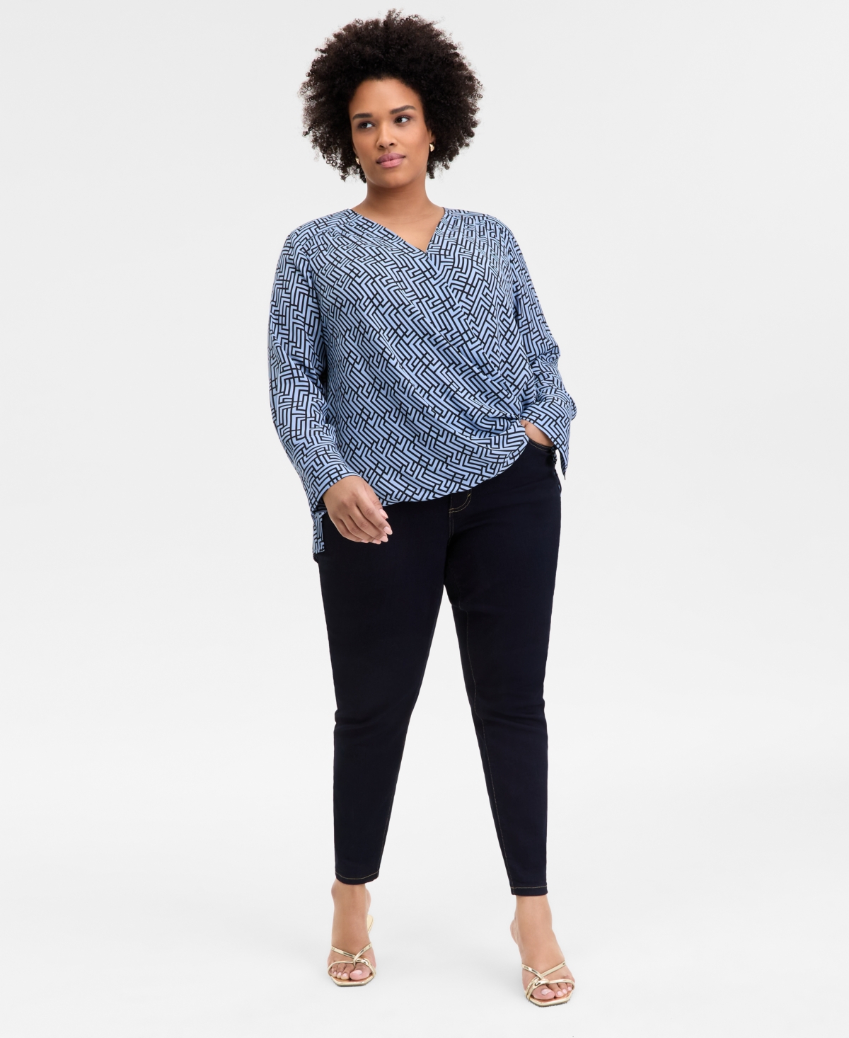 Inc International Concepts Plus Size Cuffed Surplice Blouse, Exclusively At Macy's In Goya Geo