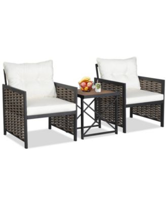 3 Pieces Patio Rattan Furniture Set with Acacia Wood Tabletop