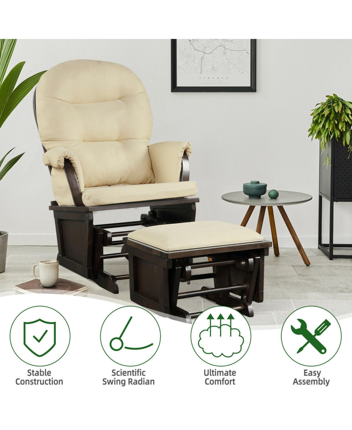 Gouun Wood Baby Glider and Ottoman Cushion Set with Padded Armrests for Nursing -khaki