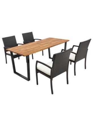 5 Pieces Patio Rattan Dining Set with Umbrella Hole and Seat Cushions