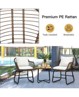 3 Pieces Patio Rattan Bistro Set Cushioned Chair Glass Table Deck