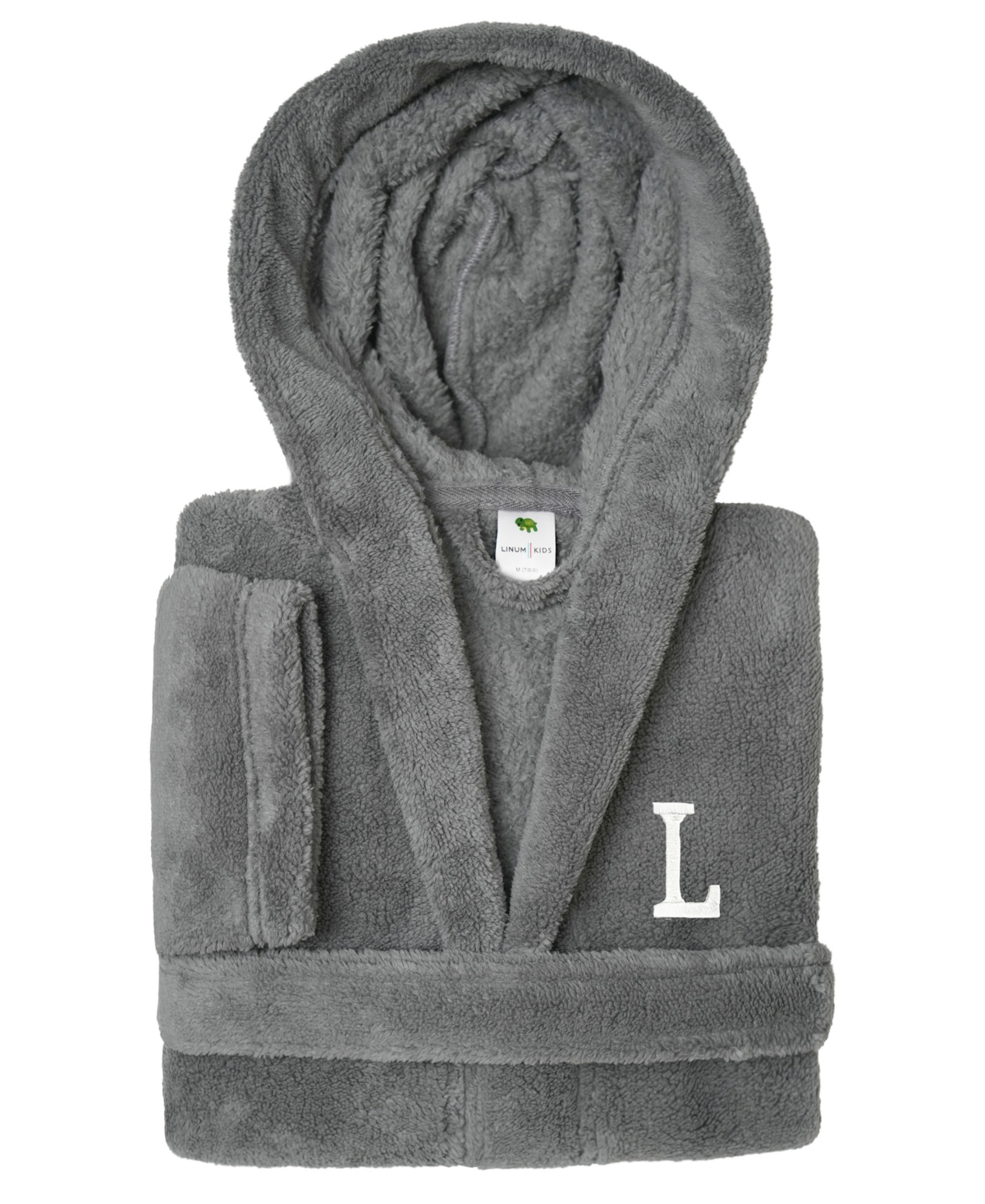 Linum Home Personalized Kids Super Plush Hooded Bathrobe In Grey,white L