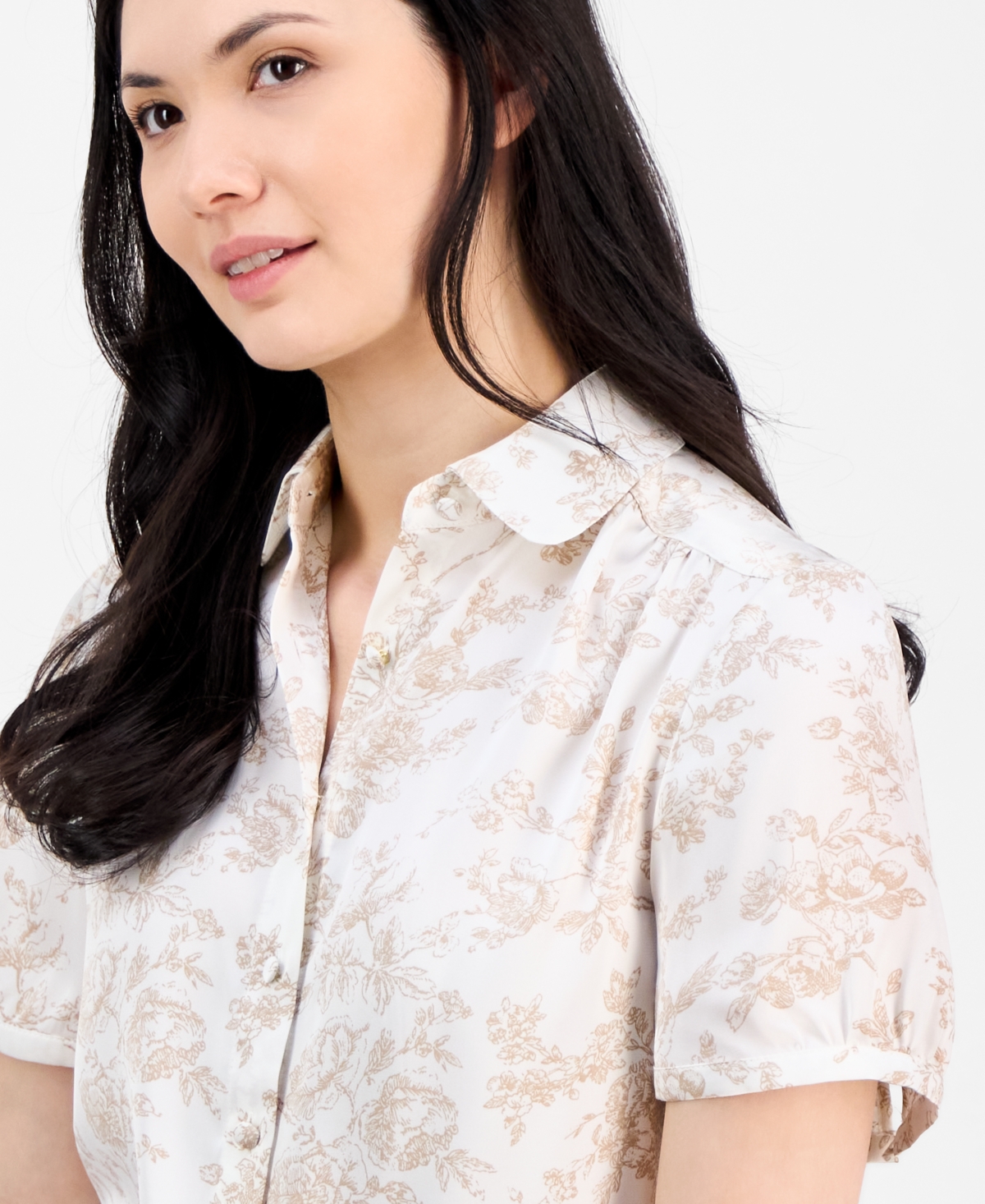 Shop Anne Klein Women's Floral-print Short-sleeve Collared Blouse In White Dove,coffee Cream