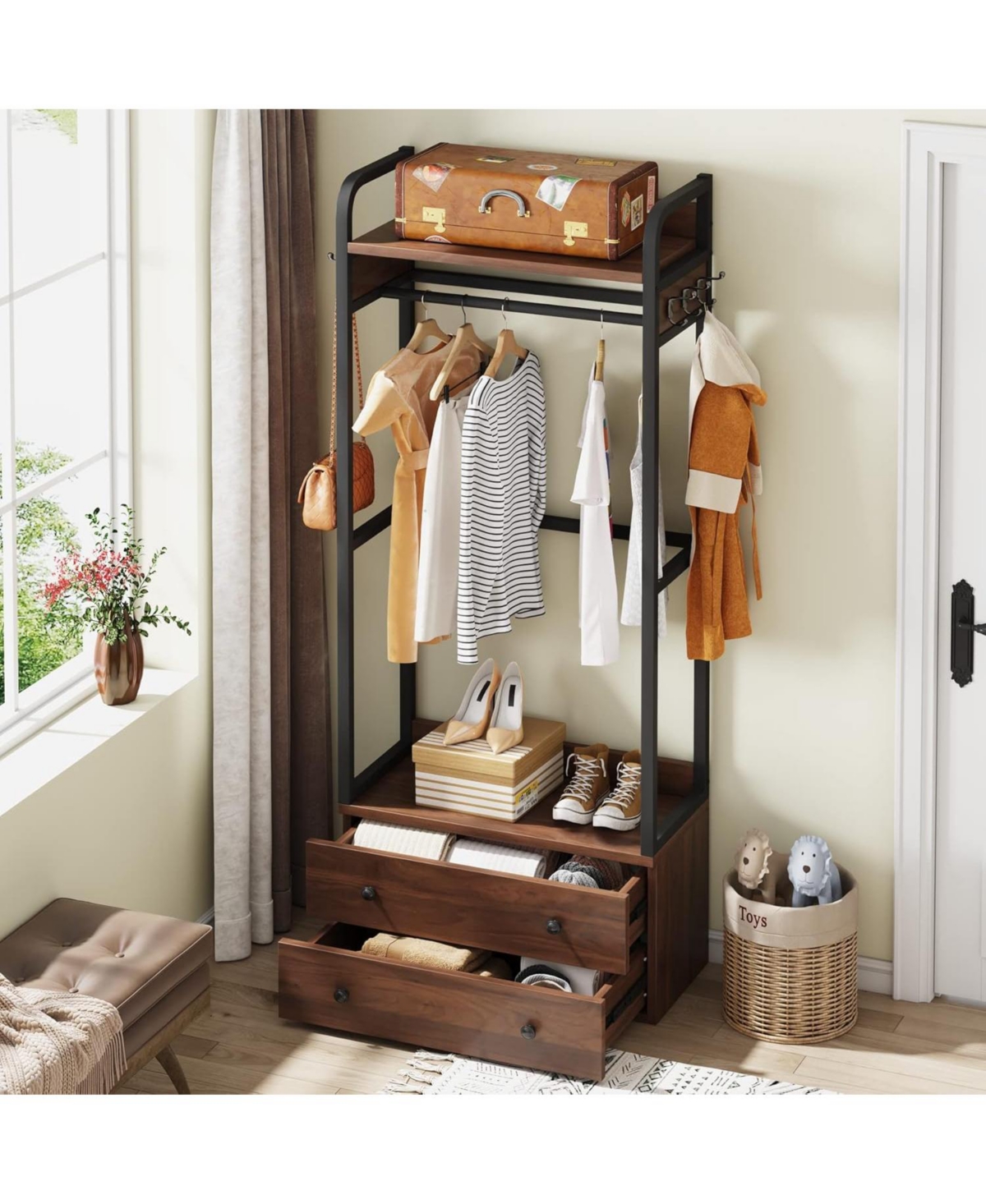 Tribesigns Freestanding Closet Organizer Small Clothes Rack With Drawers And Shelves, Heavy Duty Coat Rack Smal In Rustic Brown