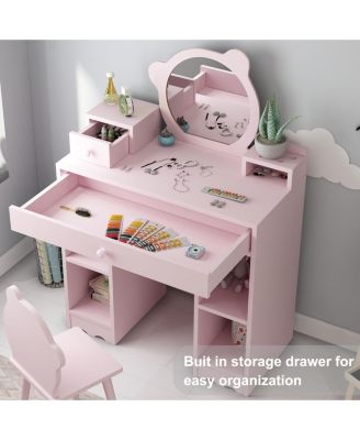 Kids Wooden Play Vanity Set with Vanity Table, Mirror