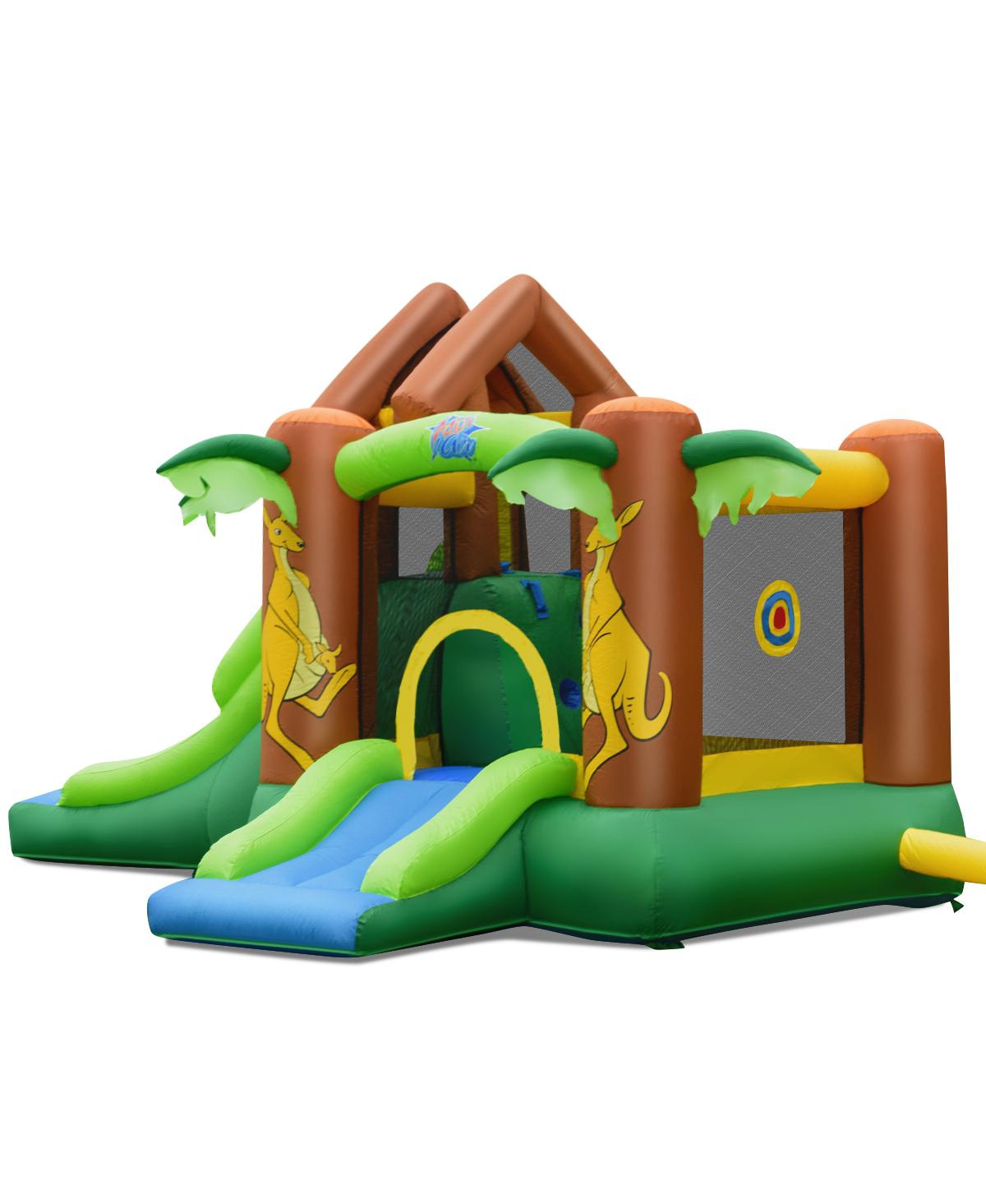 Gymax Inflatable Jungle Bounce House w/ Dual Slides Climbing Wall Jumping Area - Green+blue+brown+yellow