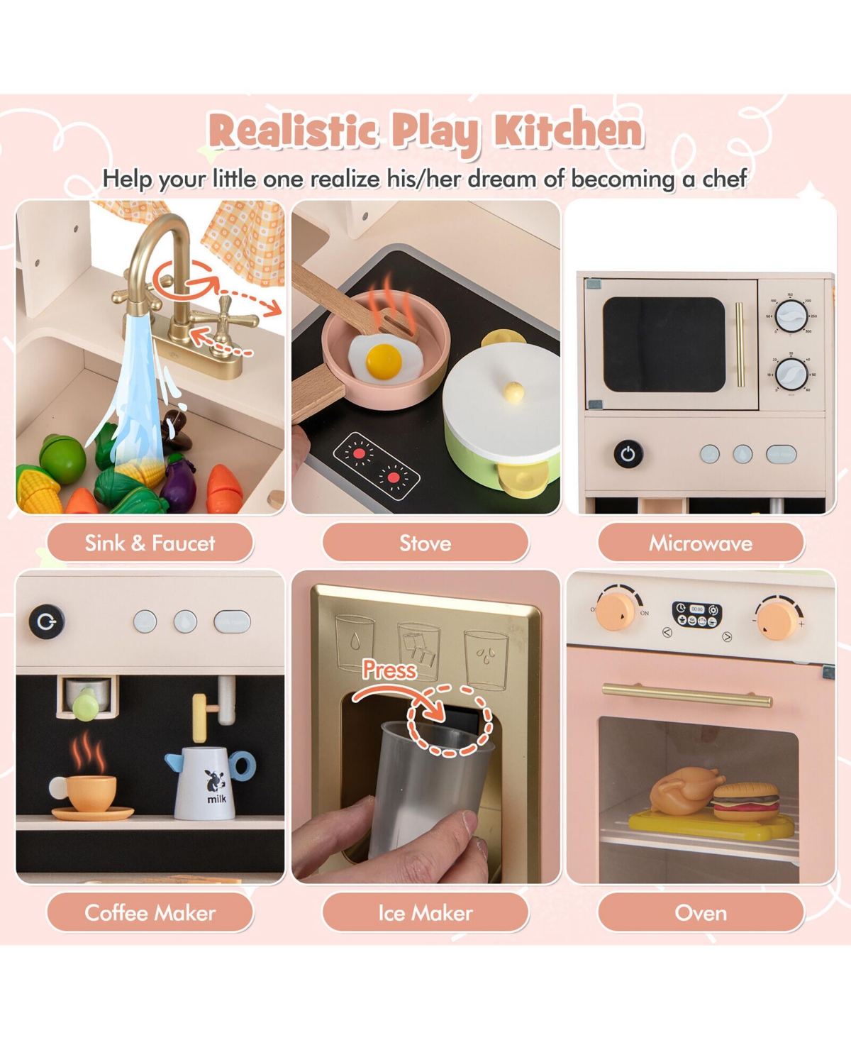 Gymax Kids Play Kitchen Pretend Playset w/ 2 Curtains & 16 Pcs Play Accessories Pink