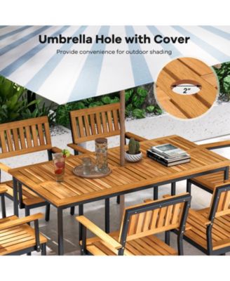 Acacia Wood Dining Table for 6 People with Slatted Tabletop and Umbrella Hole