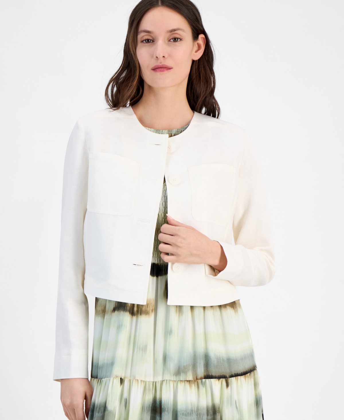 ANNE KLEIN WOMEN'S LINEN BLEND COLLARLESS BUTTON-FRONT JACKET 