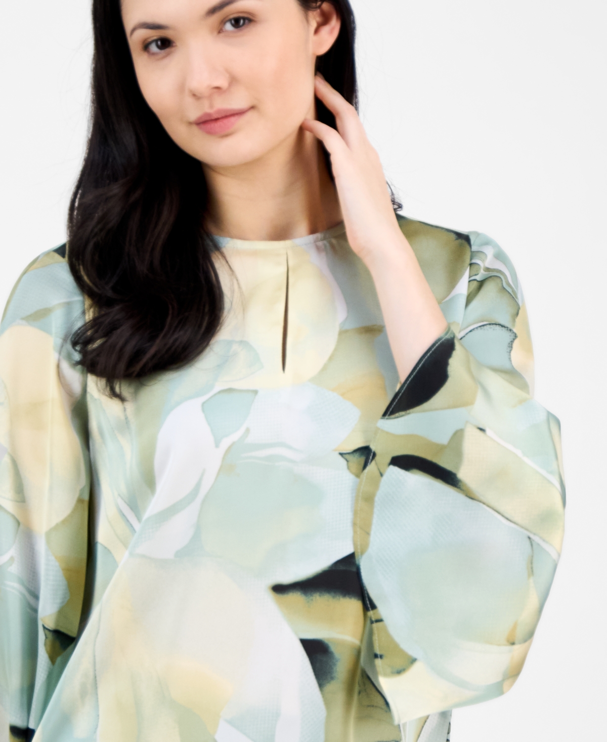 ANNE KLEIN WOMEN'S FLORAL-PRINT KEYHOLE-CUTOUT TOP 