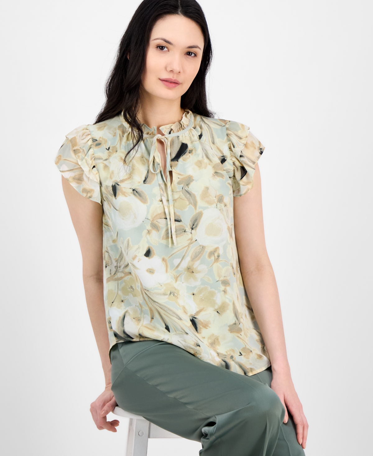 Anne Klein Women's Abstract-print Split-neck Flutter-sleeve Top In Soft Aloe Multi