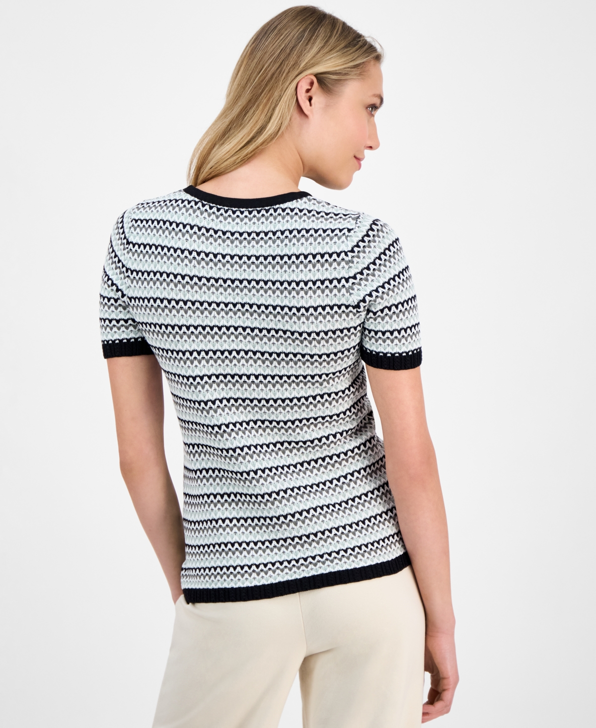 Anne Klein Women's Stripe Stitch Crewneck Top In Eucalyptus Multi