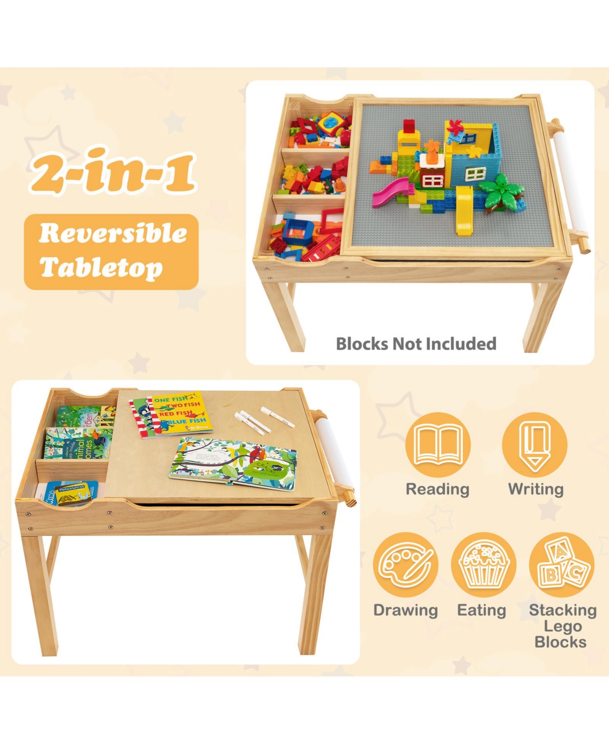 Gouun Kids Multi Activity Play Table Wooden Building Block Desk with Storage Paper Roll