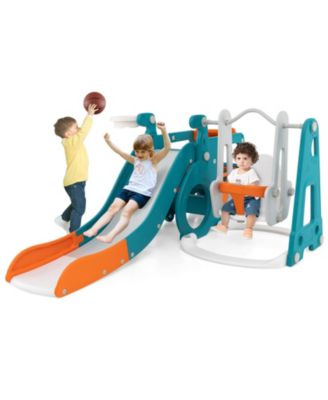 5-in-1 Kids Slide and Swing Set with Mini Bus and Basketball Hoop