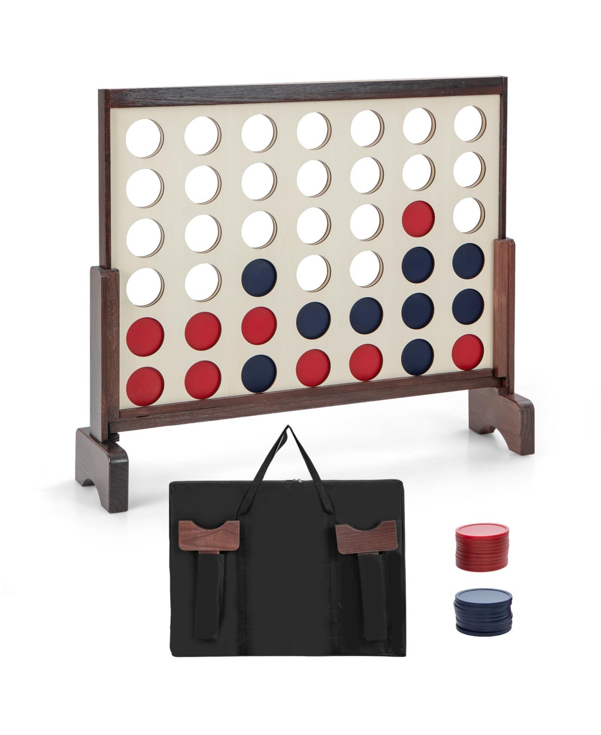 Wooden4-in-a-row Game Set with 42 Pcs Chips and 600D Oxford Fabric Carrying Bag - Natural