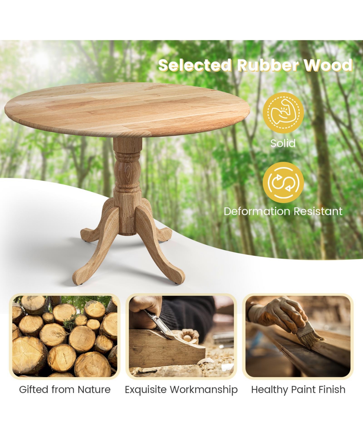 Gouun Wooden Dining Table with Round Tabletop and Curved Trestle Legs