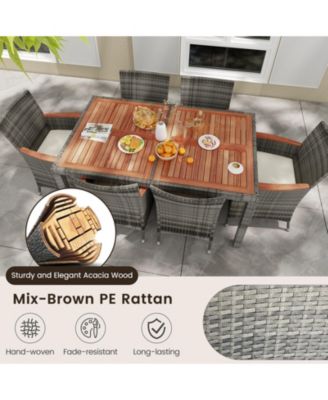 7 Pieces Patio Acacia Wood Cushioned PE Rattan Wicker Dining Set