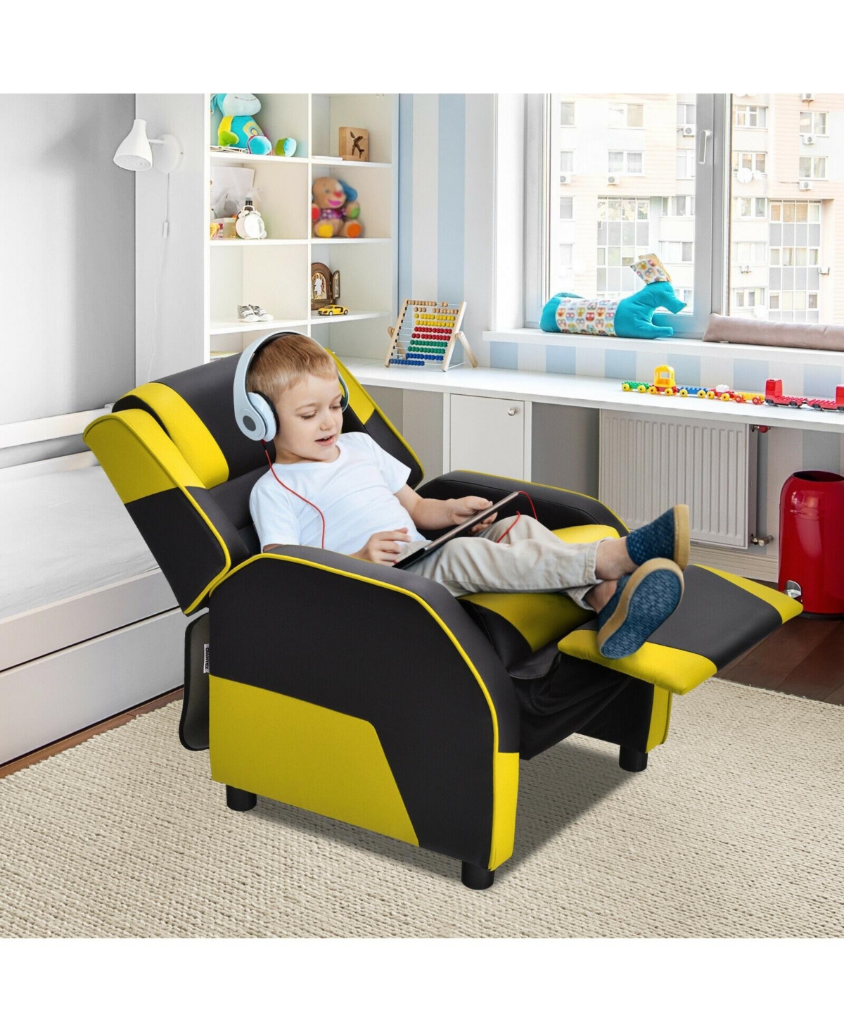 Gouun Kids Youth Pu Leather Gaming Sofa Recliner with Headrest and Footrest
