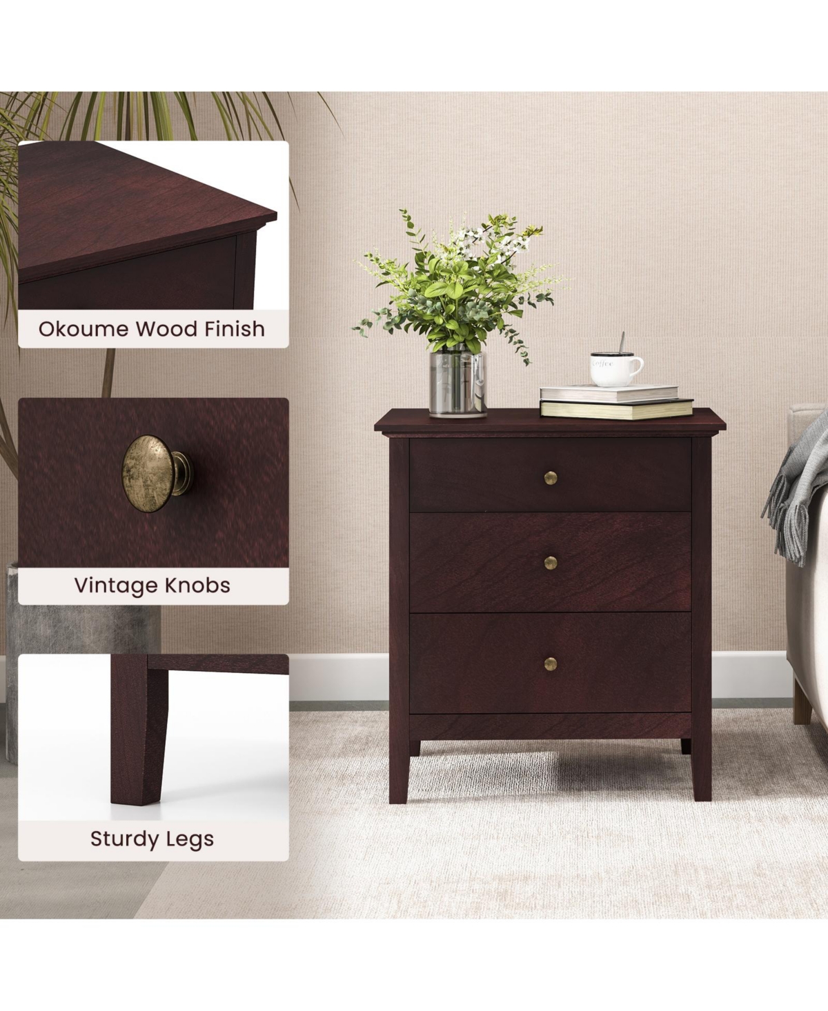 Gouun 3 Drawers Nightstand Beside End Side Table Accent Table