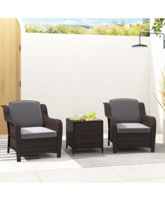 3 Pieces Outdoor Rattan Furniture Set with Cushions and Tempered Glass Table