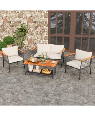 4 Piece Patio Rattan Furniture Set with 2-Tier Table