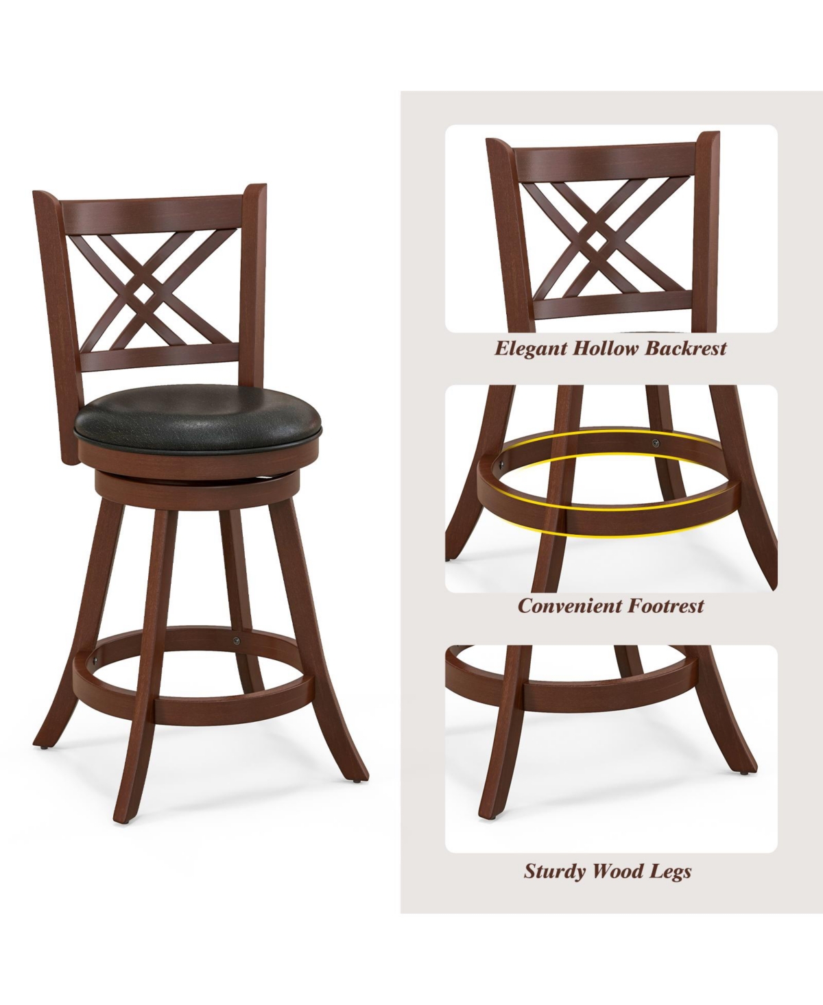 Gouun 360 Swivel Upholstered Barstools Set of 2 with Back and Footrest-24 inches