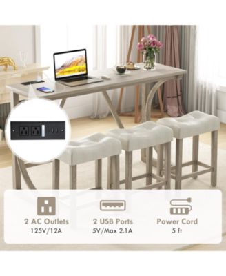 4-Piece Bar Table Set with Power Outlet and Upholstered Saddle Seat Stools