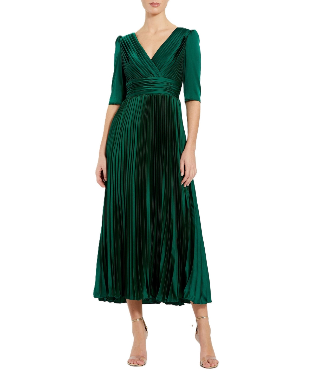 Mac Duggal Women's Quarter Sleeve V Neck Heat Pleated Dress
