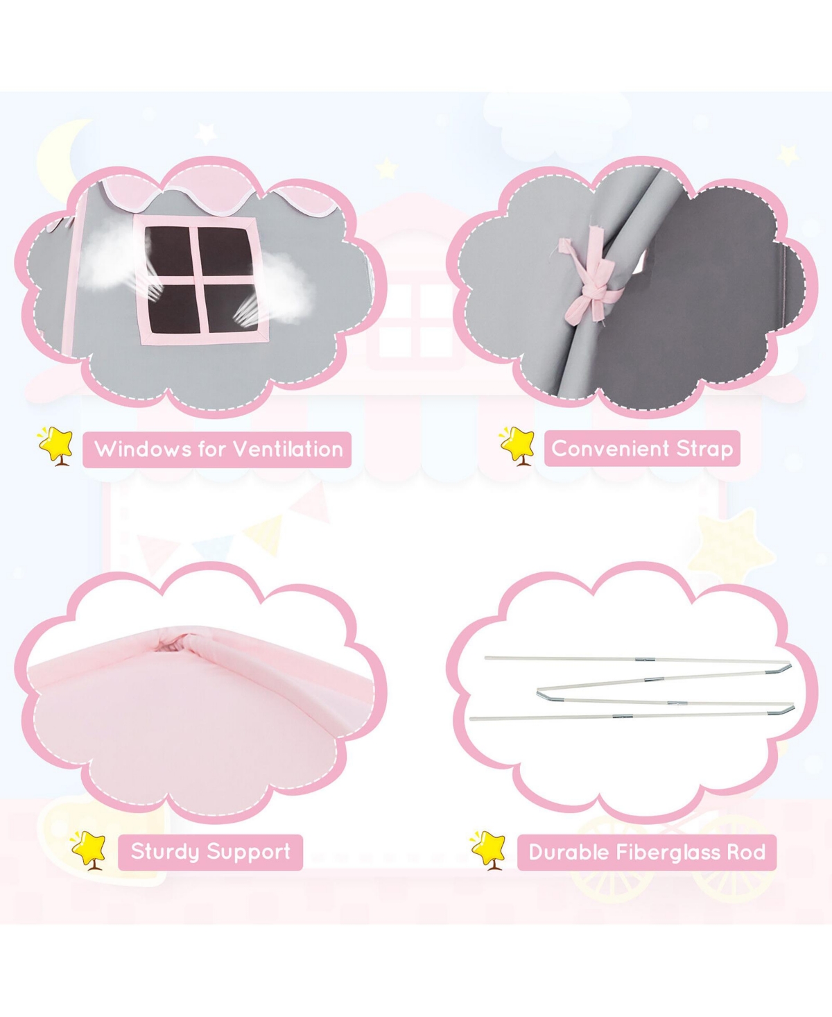 Gymax Kids Play Tent Girls Boys Princess Castle Portable Indoor Outdoor Playhouse - Pink+grey
