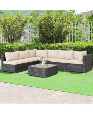 7 Pieces Patio Rattan Furniture Set with Sectional Sofa Cushioned