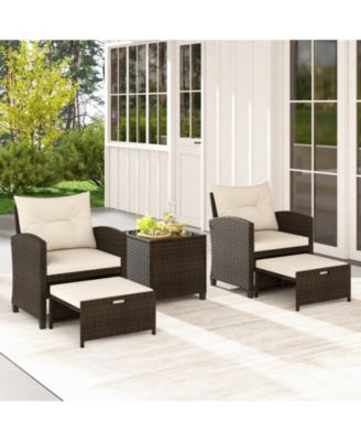 5 Pieces Patio Rattan Furniture with 2 Ottomans and Tempered Glass Table