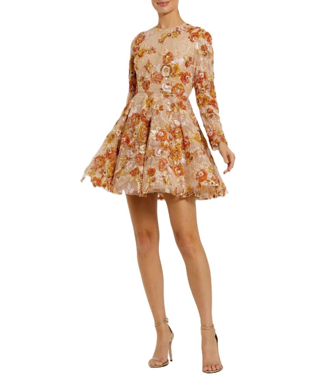 Mac Duggal Women's High Neck Long Sleeve Sequin A Line Mini Dress