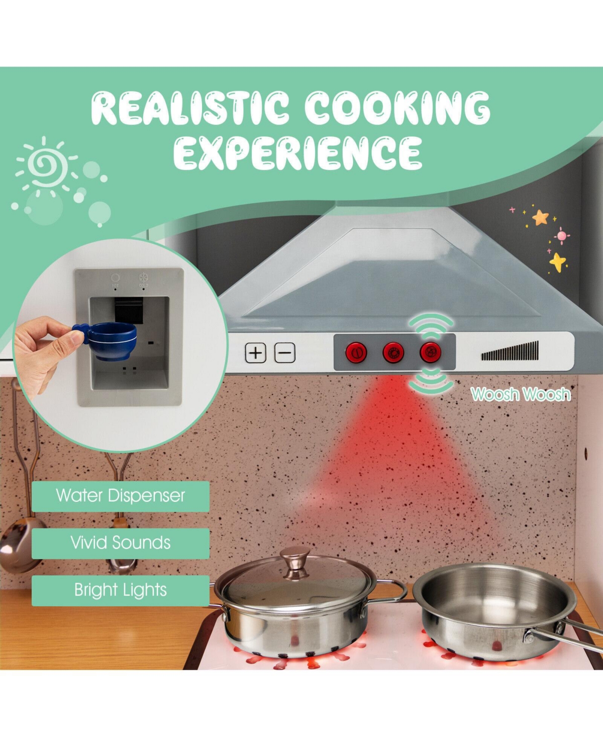 Gymax Kids 2-Piece Kitchen Play Set Pretend Chef Toy Set w/ Range Hood & Stove Burner - White+natural