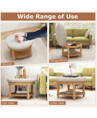 29 Inch Large Round Ottoman Table 2-Tier Upholstered Tufted Footrest Ottoman with Flip-up Top