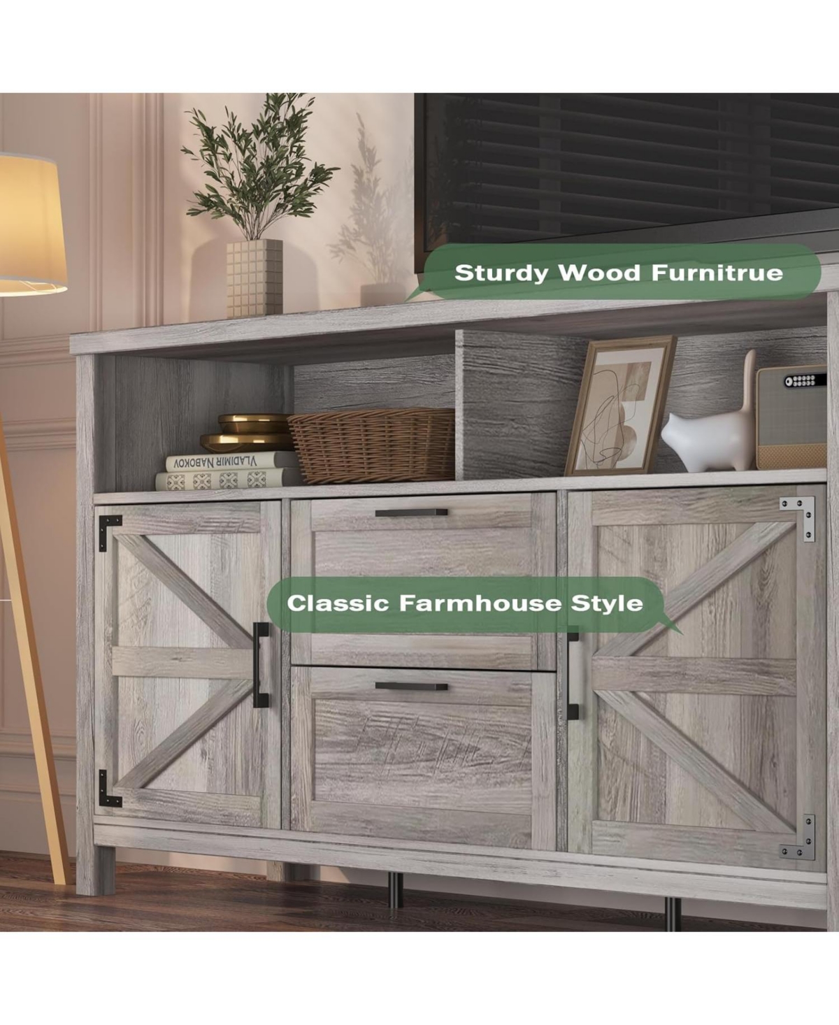 gaomon Farmhouse Tv Stand For Inch, Barn Door Modern Entertainment Center,Wood Tv Media Console Storage Cabinet For Living Room,Kitchen, Dining Roo
