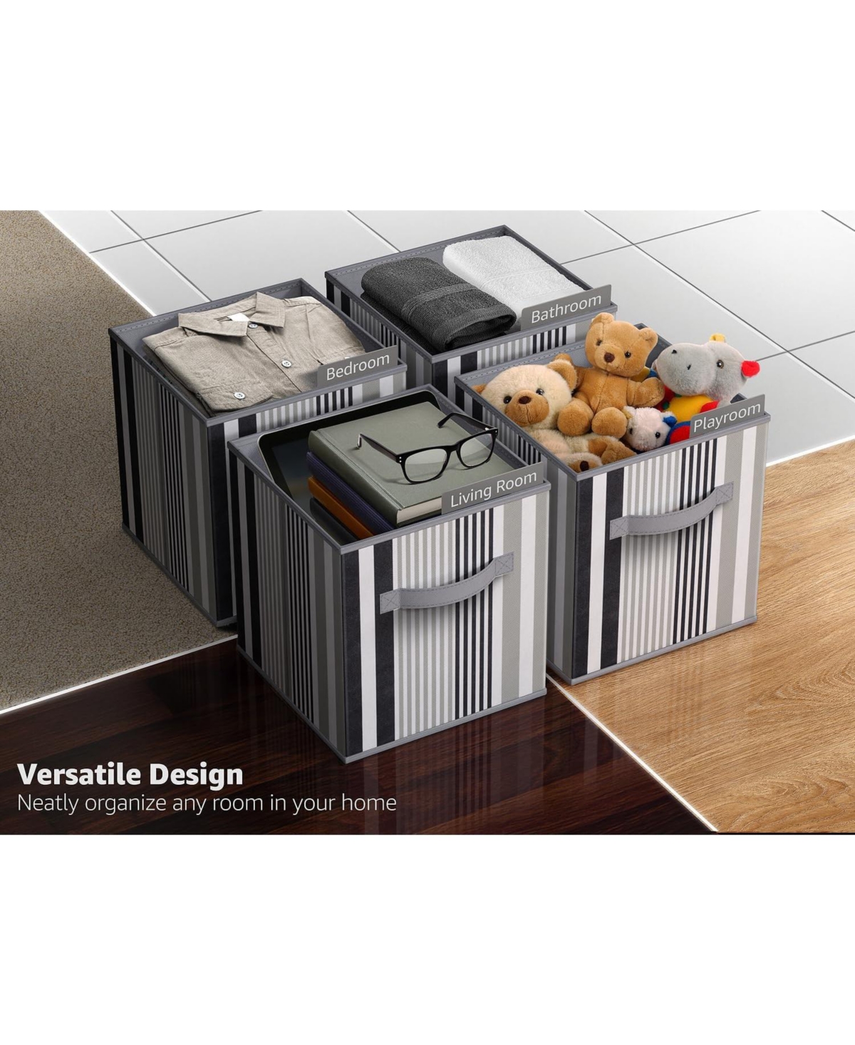 Sorbus 11 Inch Pack Foldable Fabric Storage Cube Bins with Handles - for Organizing Pantry, Closet, Nursery, Playroom, and More (Black Lines - Black
