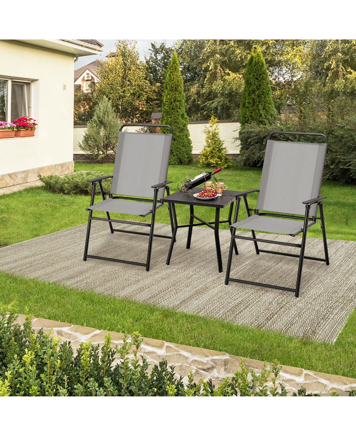 Gouun Set of 2 Outdoor Folding Sling Chairs with Armrest and Backrest